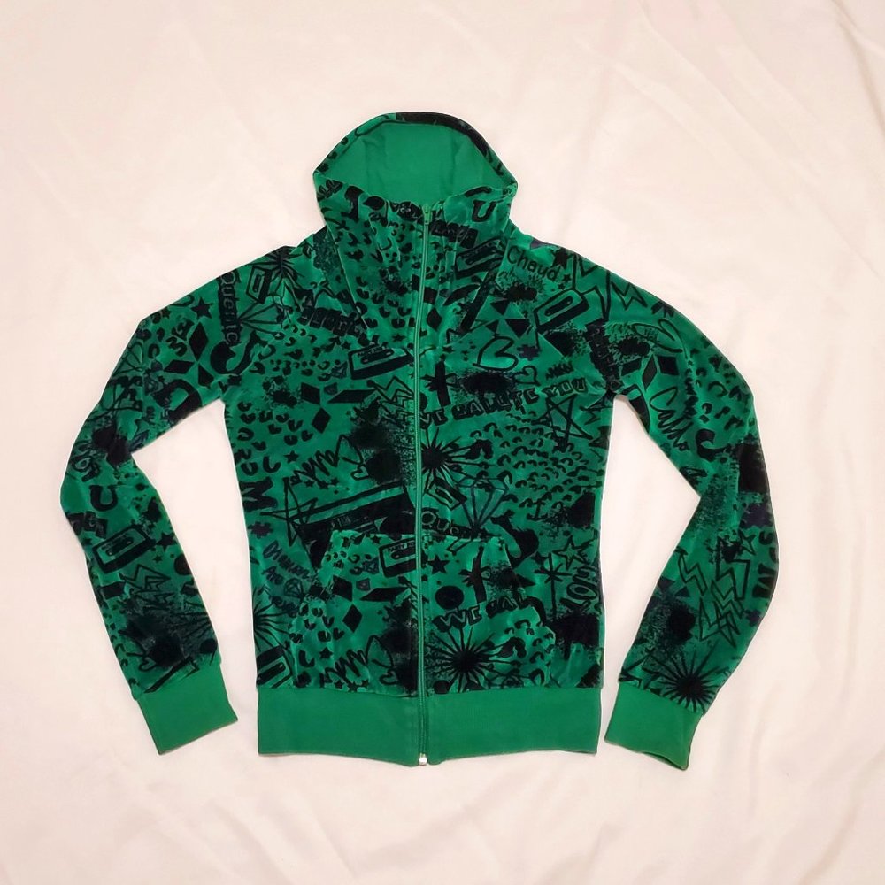 Women's H&M Divided Green Black Velour Zip Up Hoodie Sweatshirt Sz 4 Small EUC